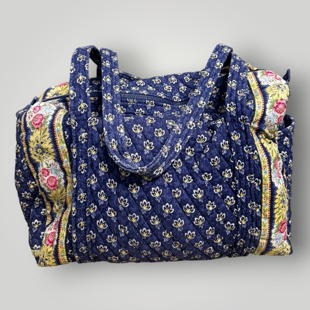 Vintage Vera Bradley Maison Blue Pattern Medium Duffle Weekender Bag Yellow